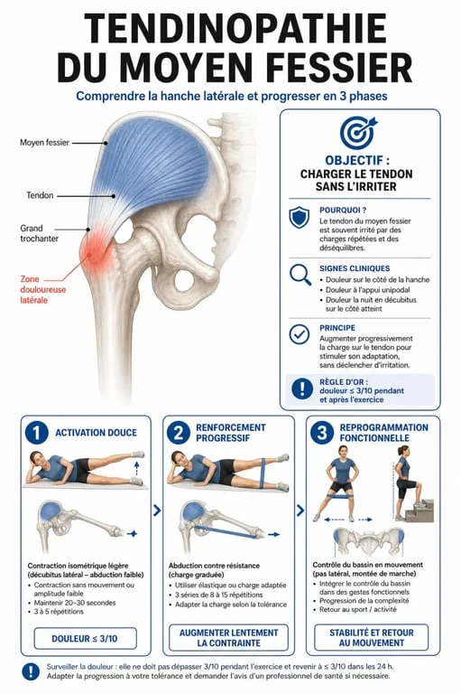 Tendinite moyen fessier exercices : illustration de la hanche et progression en 3 phases
