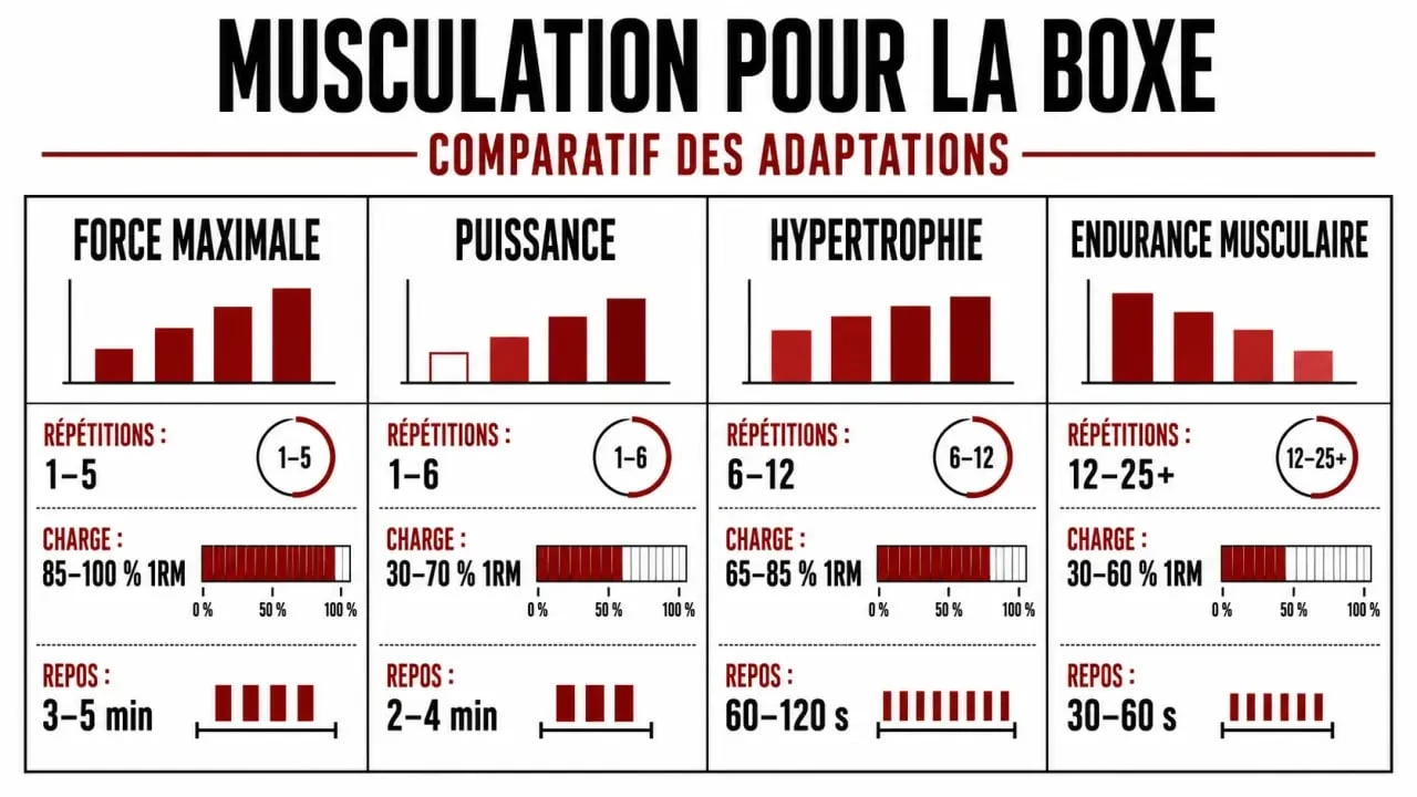 Musculation pour la boxe : tableau comparatif force, puissance, hypertrophie et endurance