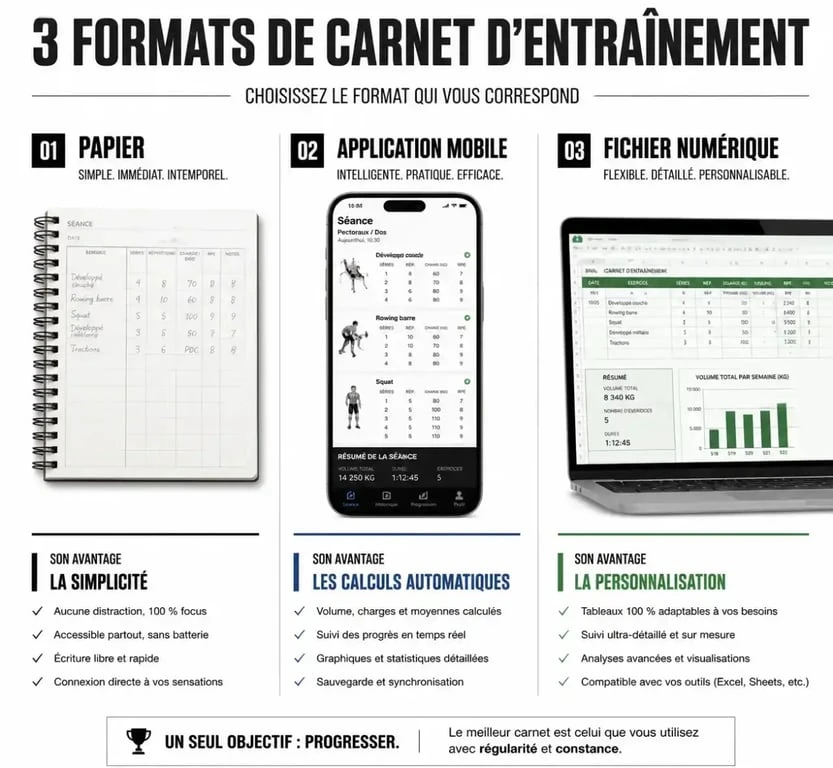 Comparatif des formats de carnet d'entraînement musculation : papier, application et fichier numérique