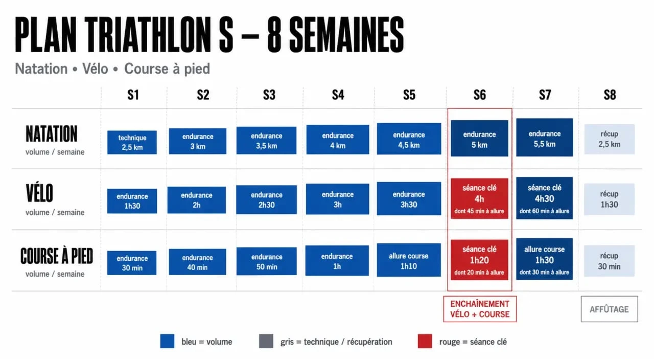 Plan entrainement triathlon S sur 8 semaines présenté en timeline avec natation, vélo, course et affûtage