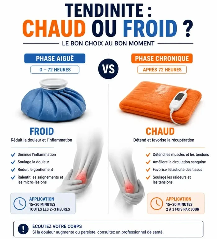 Infographie comparant quand mettre du chaud ou du froid sur une tendinite