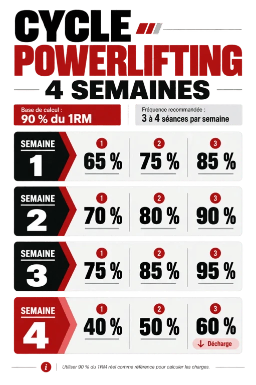 Programme powerlifting : cycle de 4 semaines avec pourcentages, décharge et fréquence d'entraînement