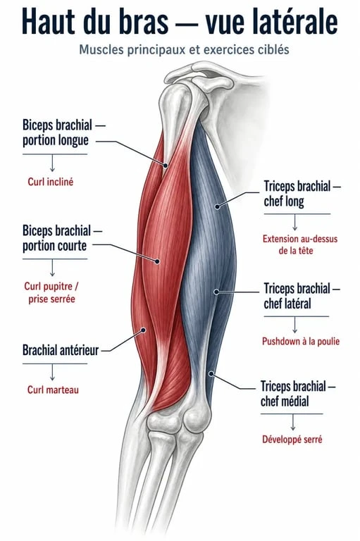 Séance biceps triceps : schéma des portions musculaires du bras et des zones ciblées