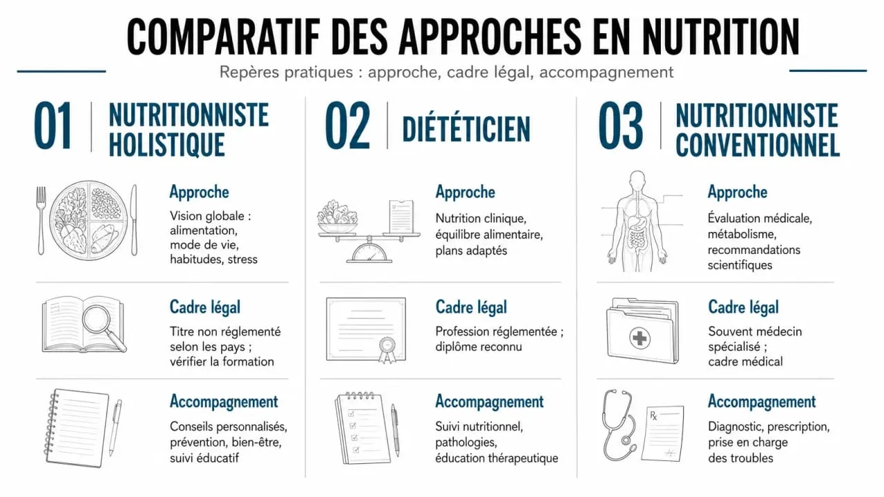 Comparatif nutritionniste holistique, diététicien et nutritionniste conventionnel