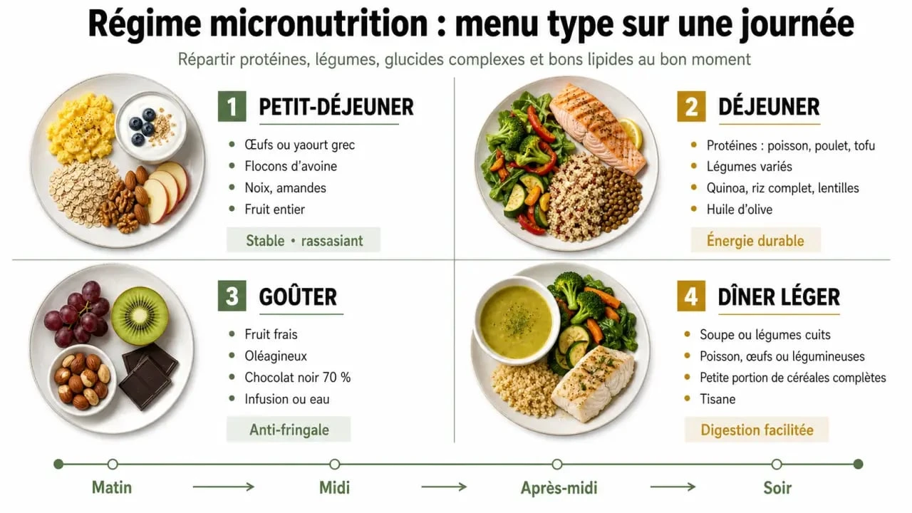 Infographie sur un régime micronutrition menu type avec la répartition des repas et les aliments à privilégier selon le moment de la journée