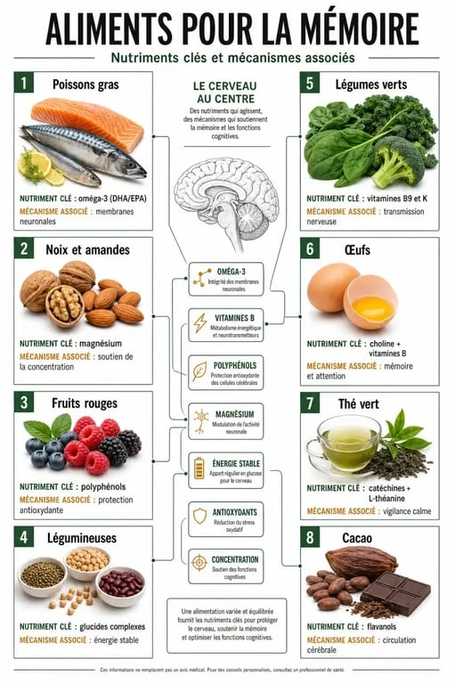 Infographie sur l'aliment bon pour la mémoire et ses nutriments clés