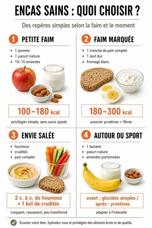 Infographie sur un encas sain avec idées selon la faim, le contexte et les portions