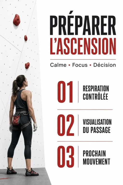 Préparation mentale escalade : grimpeuse en salle respirant, visualisant la voie et se concentrant avant un départ