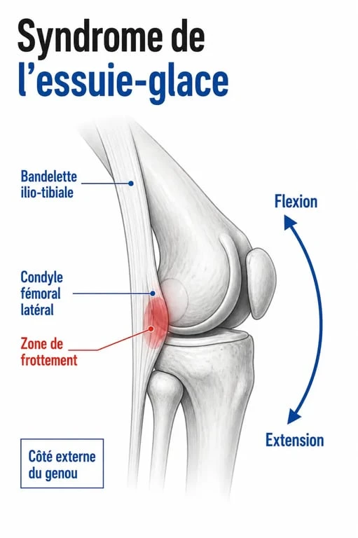 Schéma du syndrome essui glace genou montrant la bandelette ilio-tibiale et la zone de frottement sur la face externe du genou