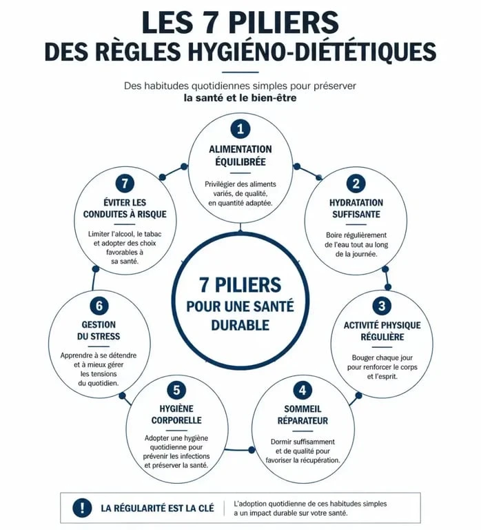 Infographie des 7 piliers des règles hygiéno-diététiques pour la santé cardiovasculaire