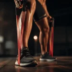 Musculation avec un elastique : bande élastique sous les pieds, tirage bras, résistance progressive