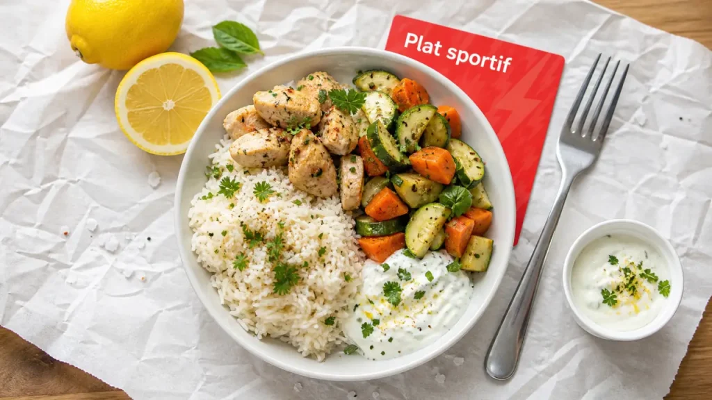 Plat sportif : assiette de récupération riz poulet légumes et sauce yaourt citron