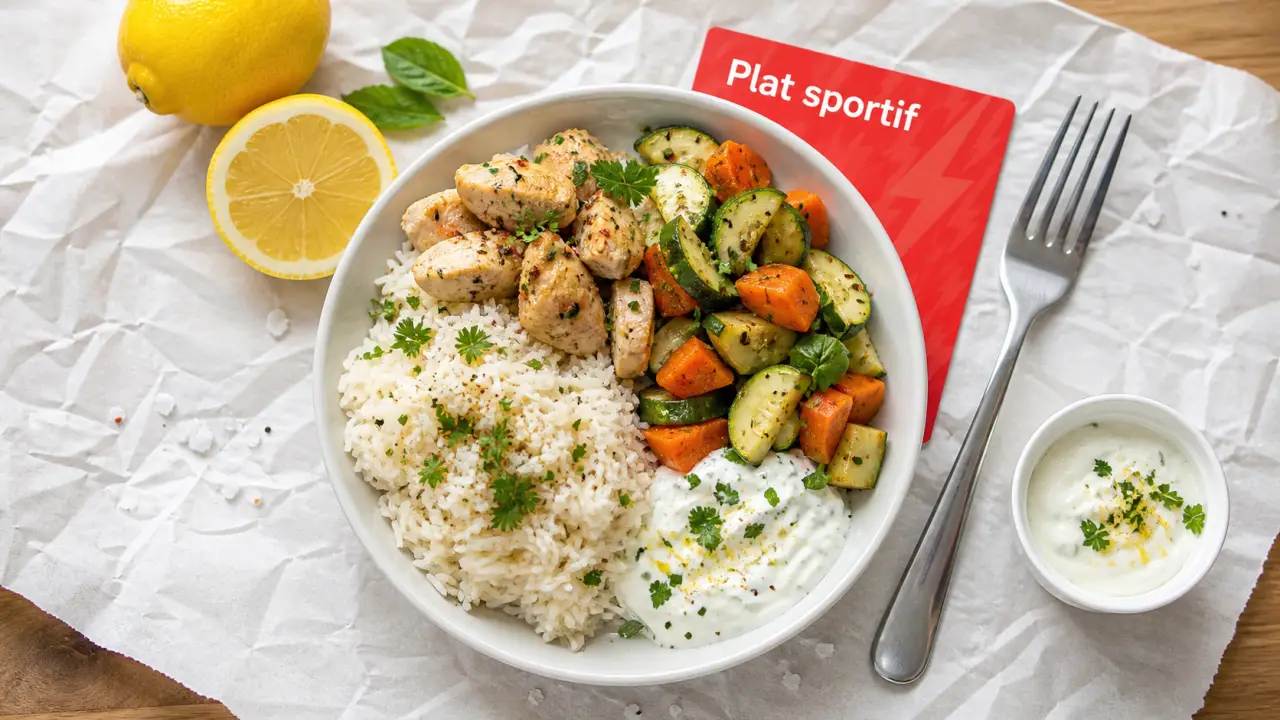 Plat sportif : assiette de récupération riz poulet légumes et sauce yaourt citron