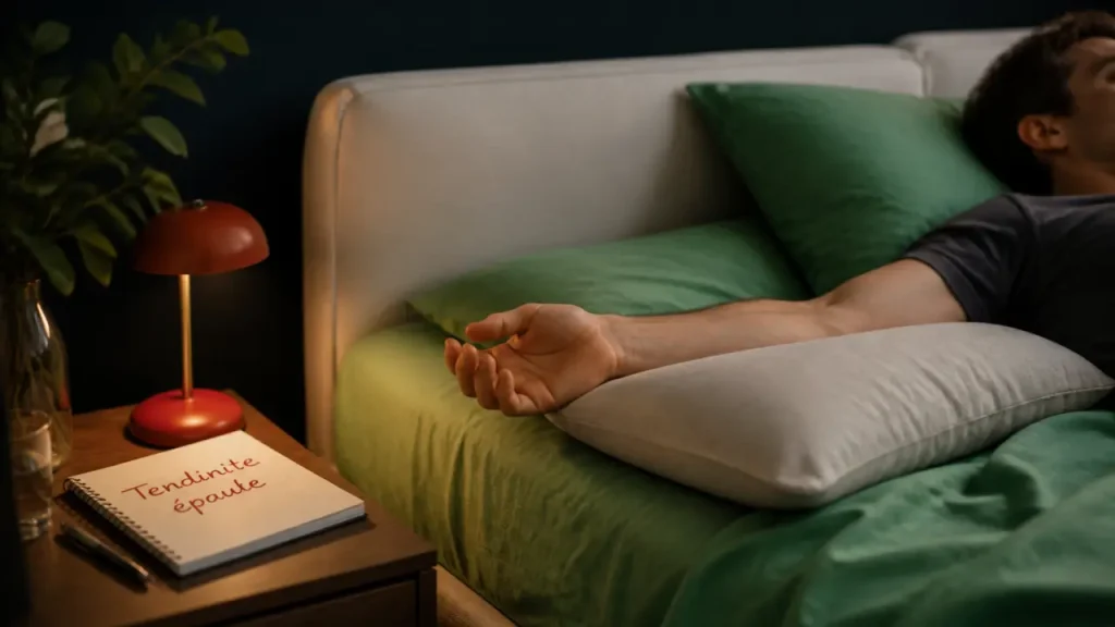 Position pour soulager tendinite épaule : dormir sur le dos, bras calé, épaule relâchée