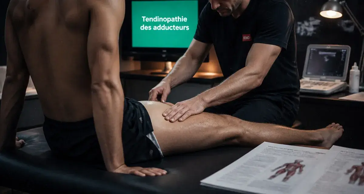 Tendinopathie adducteur : kiné palpe la face interne de la cuisse près du pubis