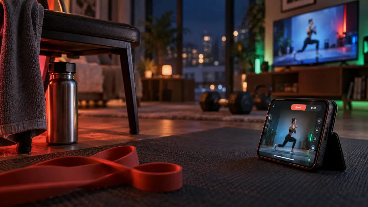 Cours de sport en ligne sur smartphone : tapis et élastique