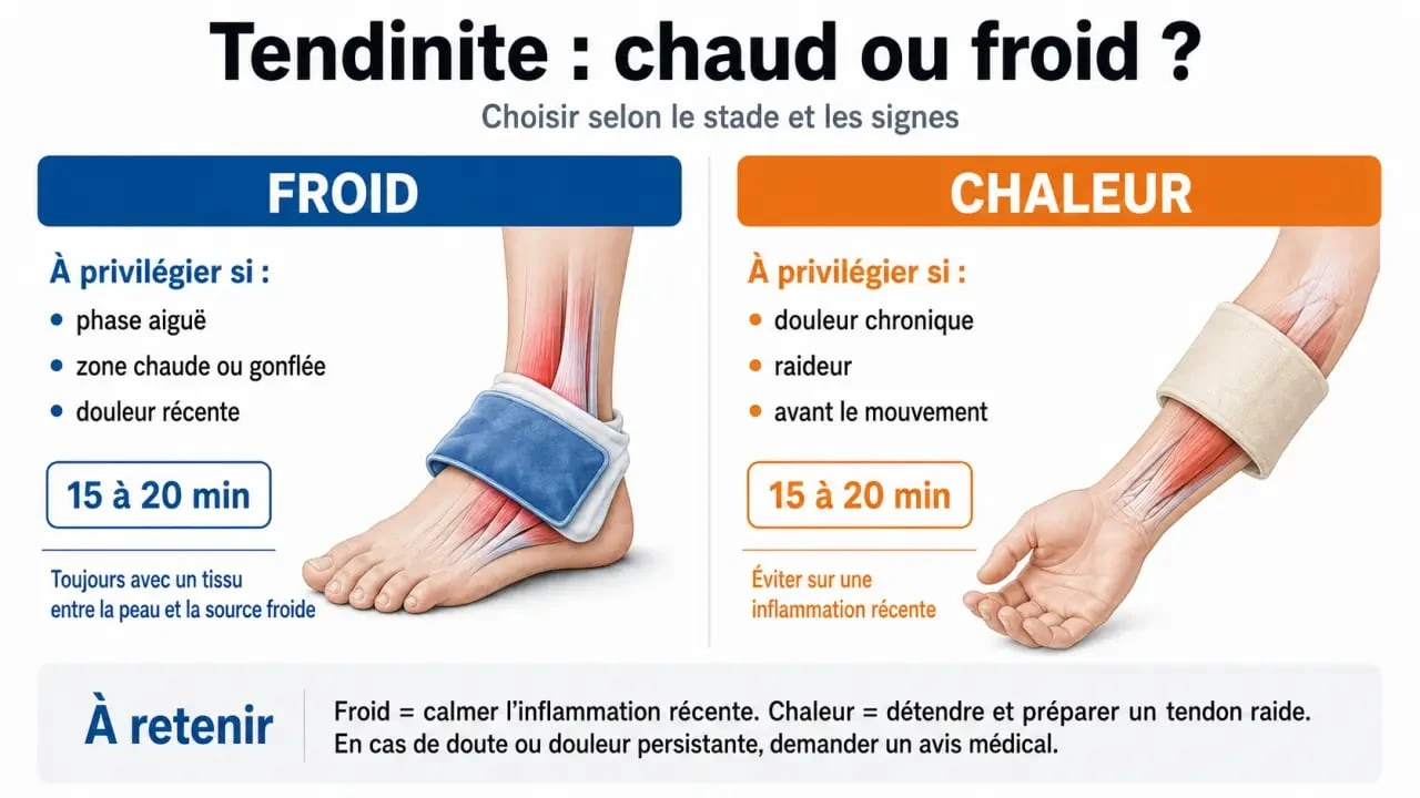 Chaud ou froid pour une tendinite : infographie comparative montrant quand utiliser le froid ou la chaleur