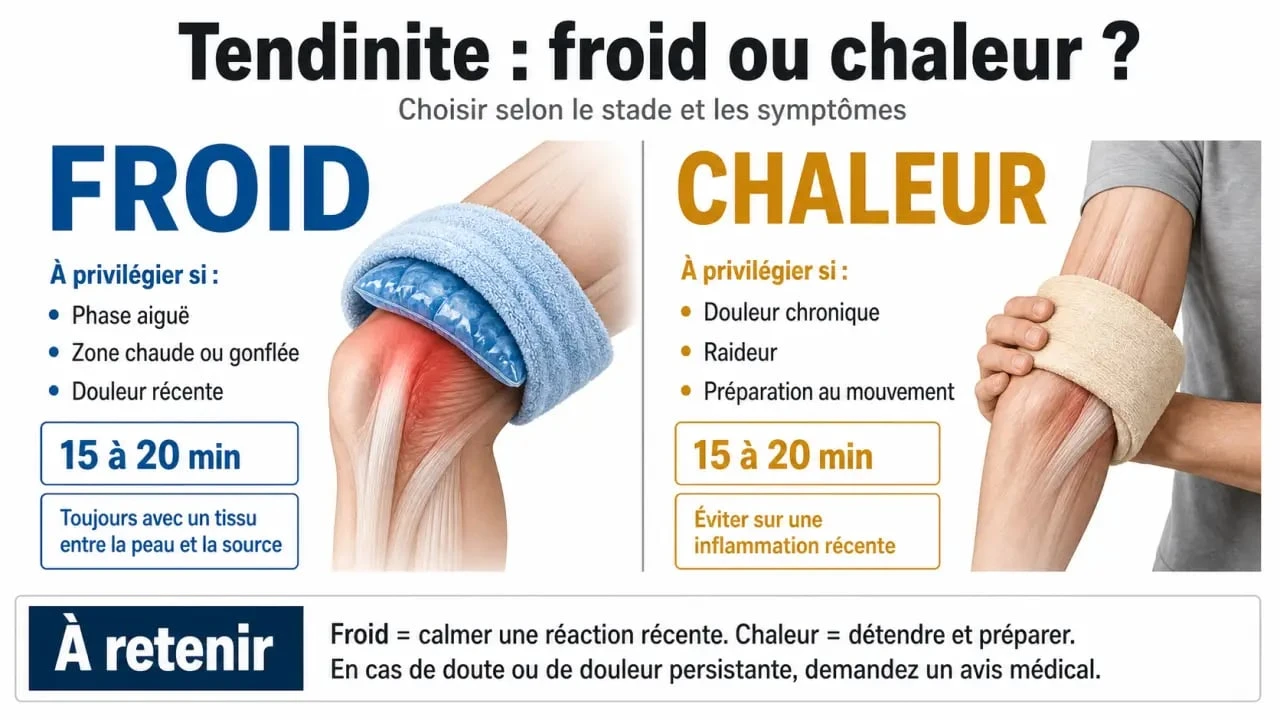 Chaud ou froid pour une tendinite : infographie comparative montrant quand utiliser le froid ou la chaleur