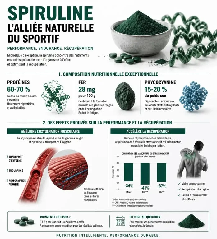 Infographie des bienfaits de la spiruline pour le sport et la récupération musculaire