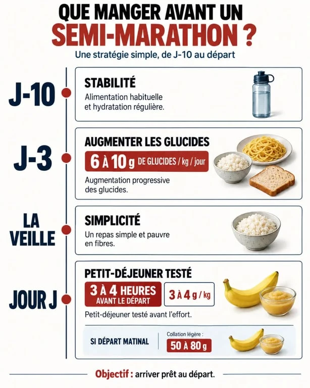 Infographie que manger avant un semi-marathon de J-10 au jour J