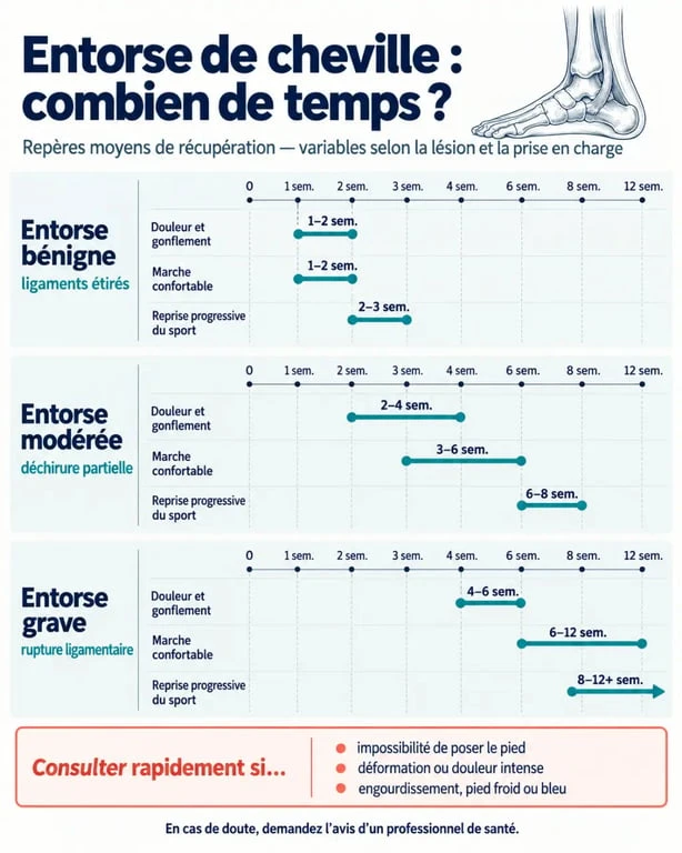Durée entorse de cheville selon la gravité, la marche et la reprise du sport
