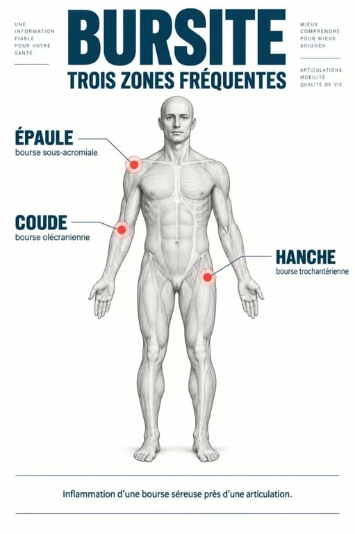 Infographie des zones du corps touchées par la bursite épaule hanche coude genou