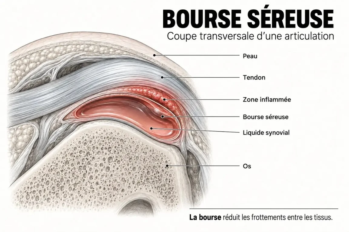Schéma anatomique de la bourse séreuse enflammée pour comprendre comment soigner une bursite