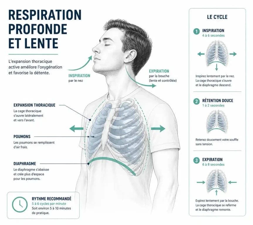 Exercice de respiration profonde pour soulager une côte cassée
