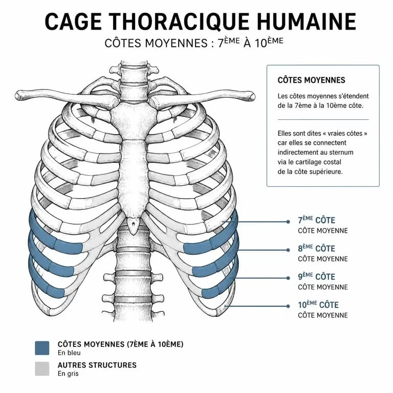 Anatomie de la cage thoracique et localisation des côtes moyennes