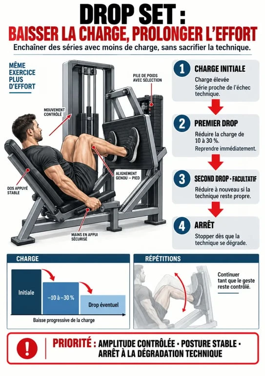 Infographie du drop set musculation avec baisse progressive des charges