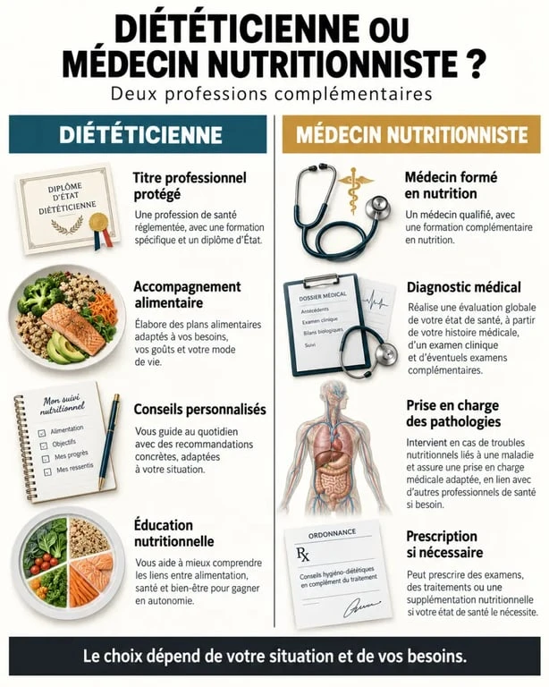 Infographie comparative diététicienne ou nutritionniste avec leurs rôles et compétences