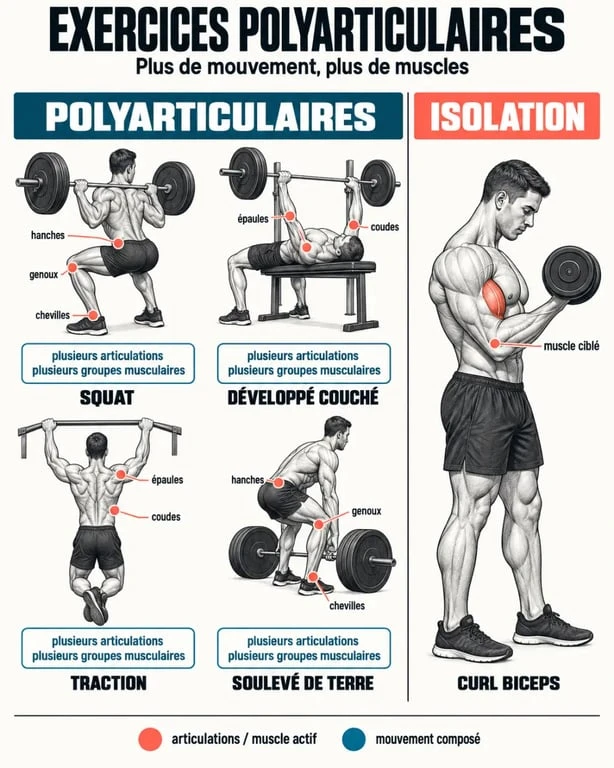 Infographie des exos polyarticulaires et de la différence avec les exercices d’isolation