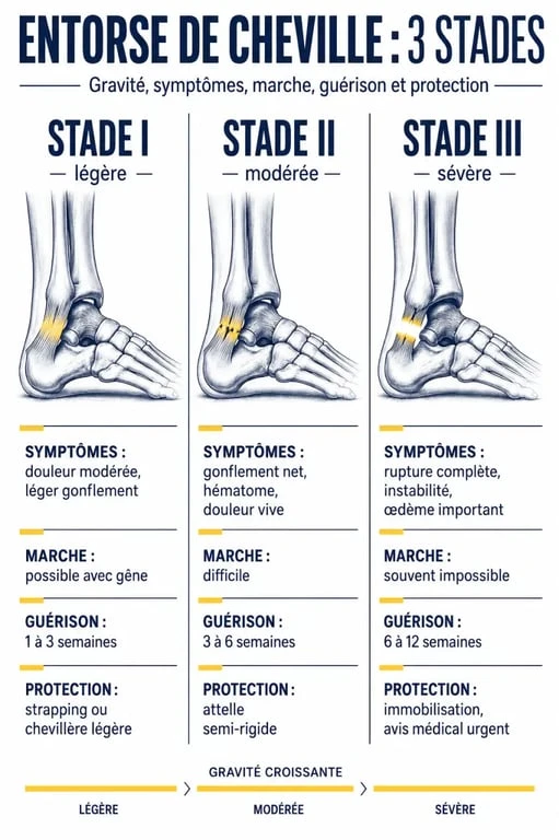 Entorse cheville durée : schéma comparatif des trois stades, symptômes, marche possible et délais de guérison