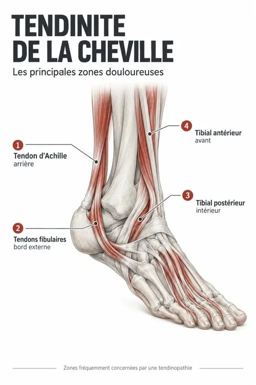 Infographie anatomique des zones de douleur liées à une tendinite de la cheville