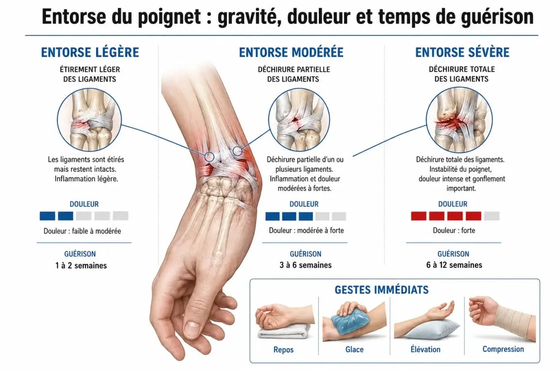 Entorse poignet temps de guérison : schéma des degrés de gravité, délais de récupération et gestes immédiats