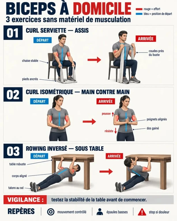 Exercices biceps sans matériel : curl avec serviette, isométrie et rowing sous table