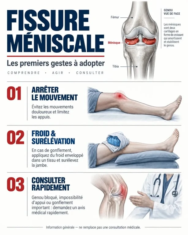 Fissure méniscale : gestes immédiats, signes d’alerte et consultation médicale