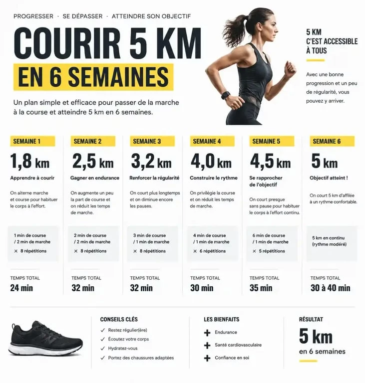 Infographie du programme entraînement 5 km débutant sur 6 semaines