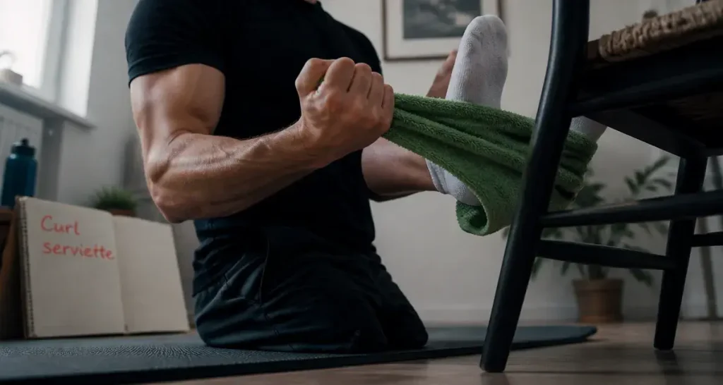Exercice biceps sans matériel : curl avec serviette, biceps