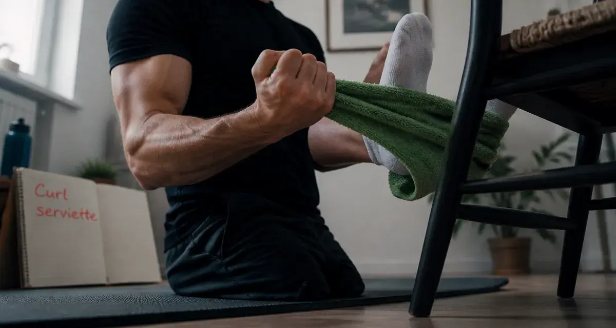 Exercice biceps sans matériel : curl avec serviette, biceps