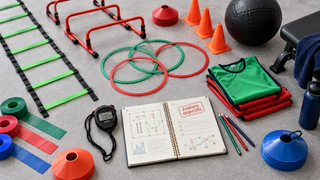 Matériel préparateur sportif : tapis, plots, cerceaux et chronomètre pour séances sécurisées