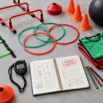 Matériel préparateur sportif : tapis, plots, cerceaux et chronomètre pour séances sécurisées
