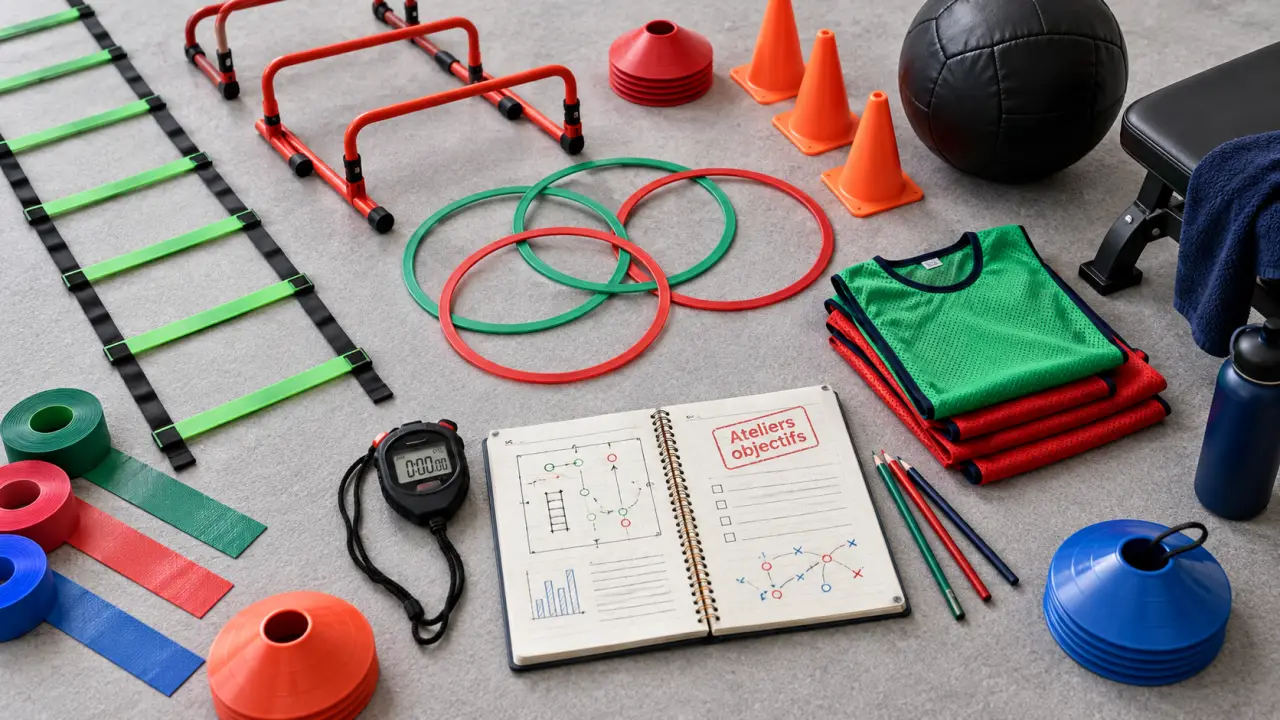 Matériel préparateur sportif : tapis, plots, cerceaux et chronomètre pour séances sécurisées