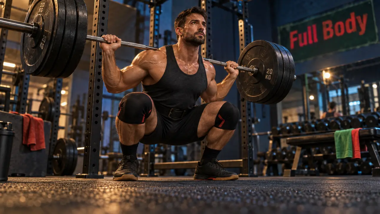 Programme fullbody : squat maîtrisé en salle, athlète