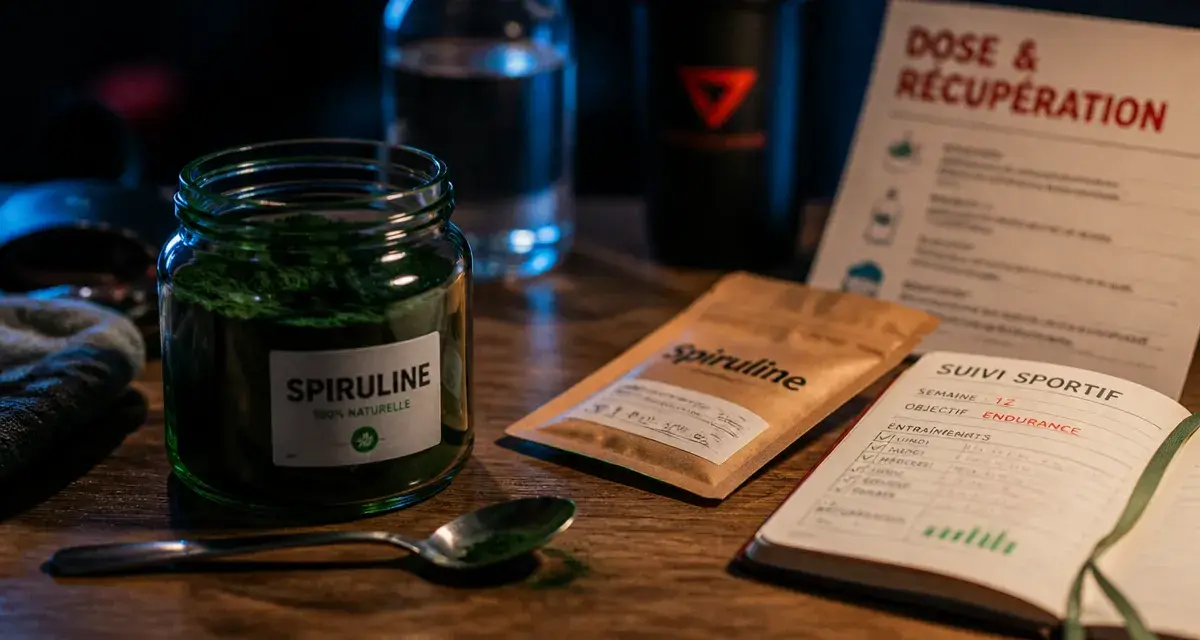 Sport et spiruline : endurance et récupération, spiruline en pot et carnet.