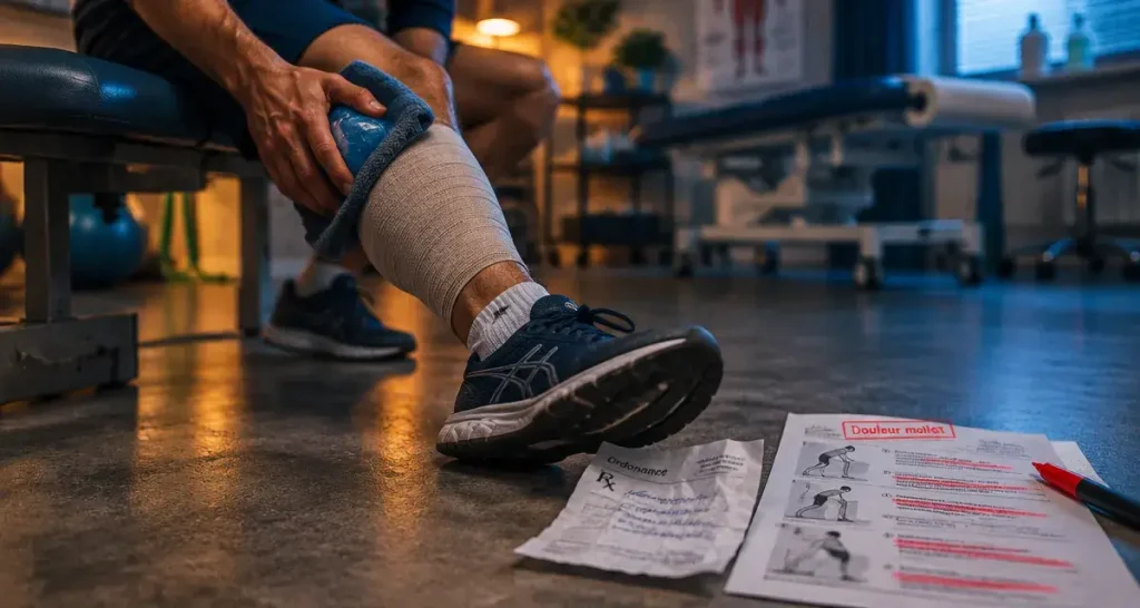 Déchirure muscle mollet : pack de froid sur mollet bandé