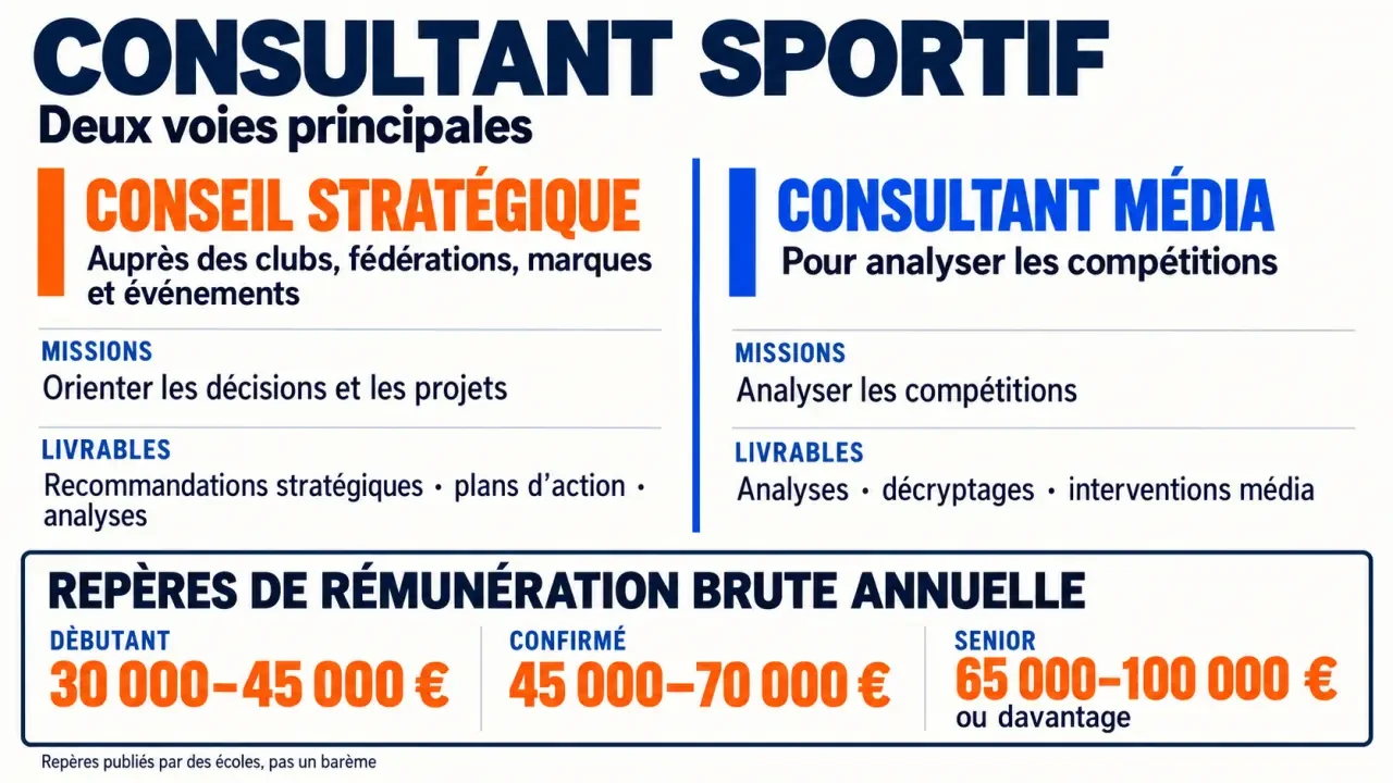 Infographie sur le métier de consultant sportif, ses spécialisations et ses repères de rémunération