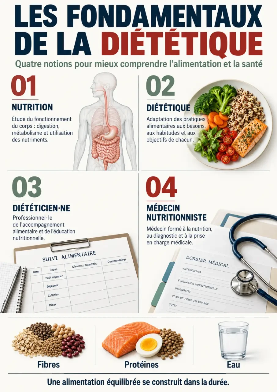 Infographie sur la diététique, la nutrition, le diététicien et le médecin nutritionniste