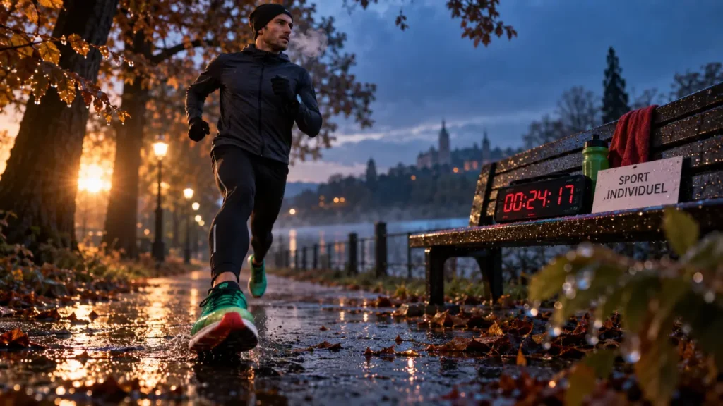 Sport individuel : coureur en solo dans un parc au petit matin